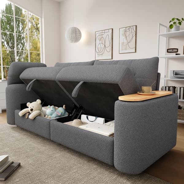 HOMAIRE Teddyplädsoffa 3-sits med förvaring, nackstöd och bord – platsbesparande bäddsoffa grå Grå 207.5 x 80 x 87 cm