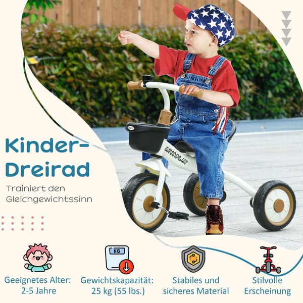 HOMAIRE barncykel trehjuling 2-5 år, justerbar sits, ringklocka, cykelkorg, metallram, vit Vit