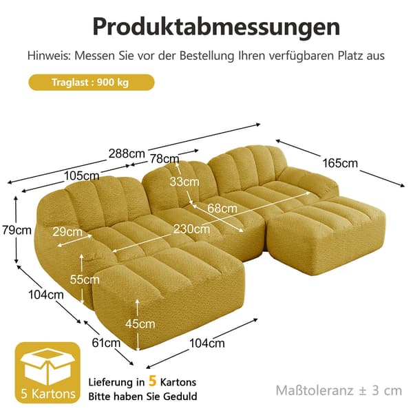 HOMAIRE 3-sits modulsoffa i U-form med 2 ottomaner, gul Gul 288 x 165 x 79 cm