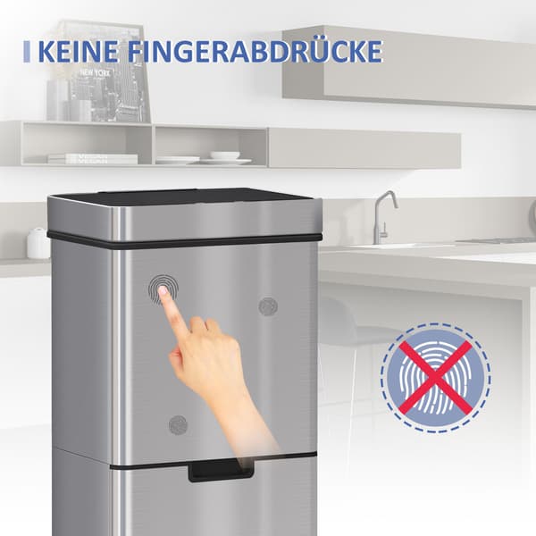 HOMAIRE sensorstyrd soptunna 47L + 2 x 12,5L i rostfritt stål för kök, vattentät, silver Silver