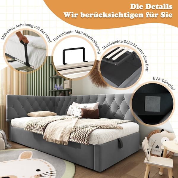 HOMAIRE L-formad bäddsoffa med hydraulisk förvaring i sammet, modern design, grå Grå 206 x 100 x 77 cm