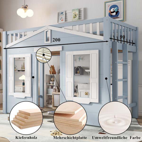 HOMAIRE Barnsäng Loft 90x200 cm Blå med flexibel trappmontering Vit+Blå 210 x 95 x 135 cm