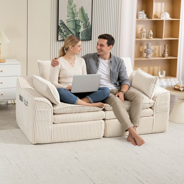 HOMAIRE Modulerbar 2-sits Cordsoffa med Kuddar och Sidofickor, Beige Beige 191 x 94 x 85 cm