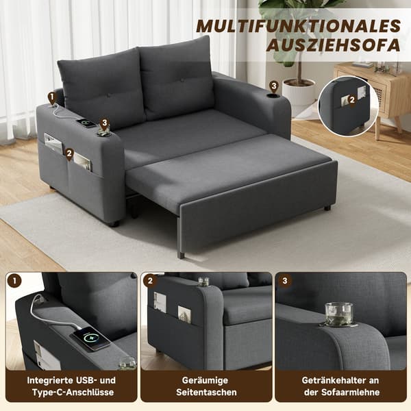 HOMAIRE 3-i-1 bäddsoffa med USB, dryckeshållare och sidofickor, grå Grå 131 x 81 x 94 cm