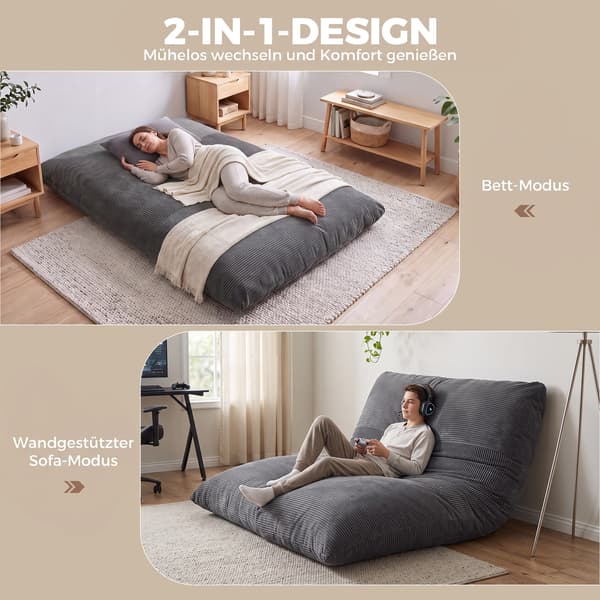 HOMAIRE 2-i-1 Cordbodensessel med hopfällbart design för läsning, gaming och meditation, sovmöbel för sovrum Mörkgrå 145 x 98 x 95 cm