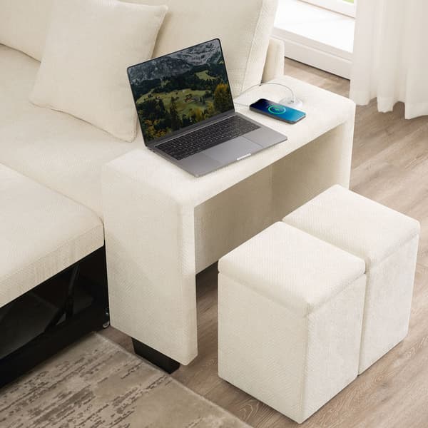 HOMAIRE L-format bäddsoffa med förvaring, USB & USB-C, beige chenille Beige 220 x 205 x 86.5 cm