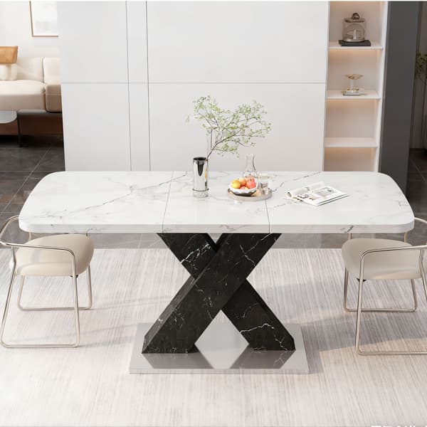 HOMAIRE Modern rektangulär matbord, utdragbart, vit marmor, svart MDF X-ben, metallbas Vit+Svart 160 x 80 x 76.5 cm