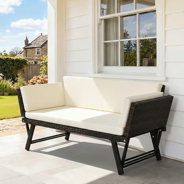 HOMAIRE Polyrattan Trädgårdssoffa 2-sits med utfällbara armstöd, brun, 129x63x67 cm Brun
