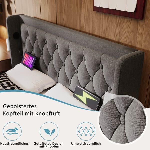 HOMAIRE stoppad förvaringssäng med LED-belysning och USB-laddning, grå bomull Grå 210 x 150 x 101 cm