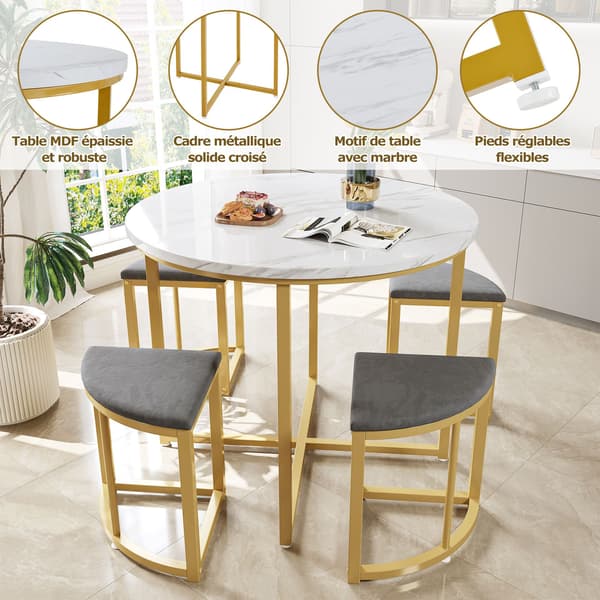 HOMAIRE Essgrupp med 4 stolar, rund MDF-bord med guldfärgad metallram, sammetstolar, grå/vit Vit+Grå 80 x 80 x 75 cm