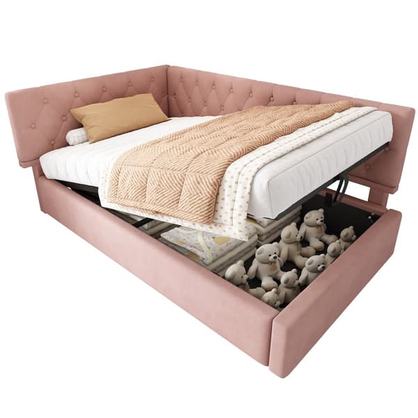 HOMAIRE L-format modern bäddsoffa med hydraulisk förvaring i sammet, platsbesparande rosa Rosa 206 x 100 x 77 cm