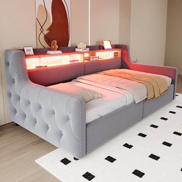 HOMAIRE Sammetssoffa med Sovfunktion, LED-belysning, Förvaring och USB-port, Ljusgrå Ljusgrå 216 x 104 x 81 cm