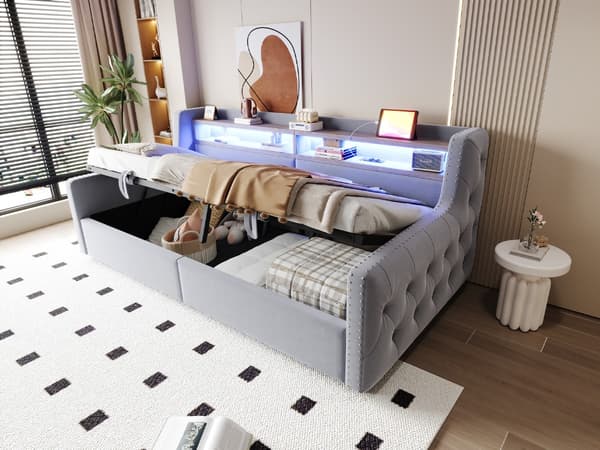 HOMAIRE Sammetssoffa med Sovfunktion, LED-belysning, Förvaring och USB-port, Ljusgrå Ljusgrå 216 x 104 x 81 cm
