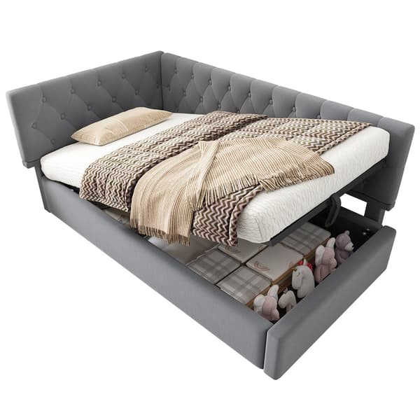HOMAIRE L-formad bäddsoffa med hydraulisk förvaring i sammet, modern design, grå Grå 206 x 100 x 77 cm