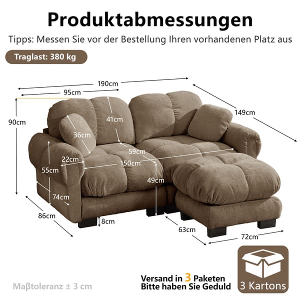 HOMAIRE 2-sits Chenille-soffa med L-form, modulär, elegant design, brun Brun 190 x 149 x 90 cm