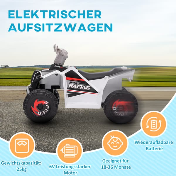 HOMAIRE Elektrisk Barnquad 2,5 km/h, Fram- och Backväxel, Vit, 18-36 månader Vit