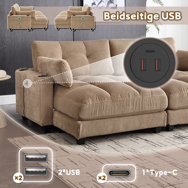 HOMAIRE Khakifärgad 2-sits Cordsoffa med USB och förvaringsfickor Khaki