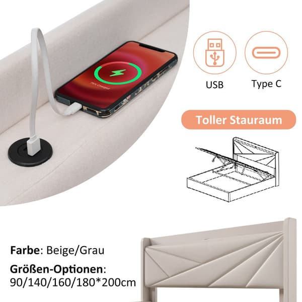HOMAIRE stoppad förvaringssäng med USB-C-laddning och elastiska träribbor, modern design Beige