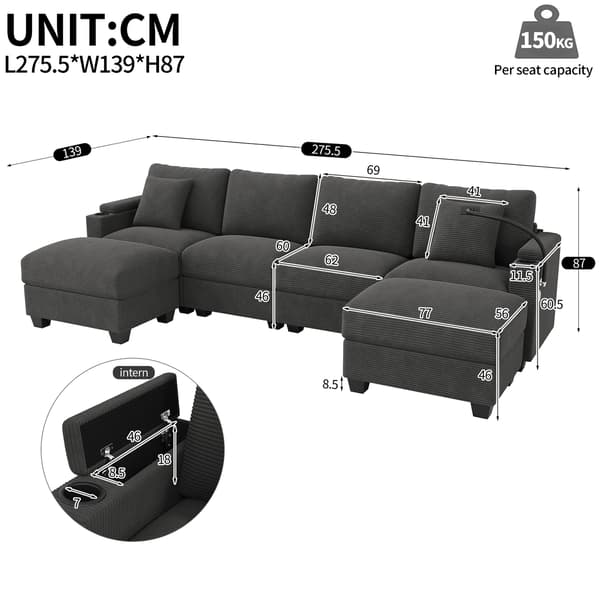 HOMAIRE U-formad modulsoffa med bäddfunktion, grå manchestersammet Grå 275.5 x 139 x 87 cm
