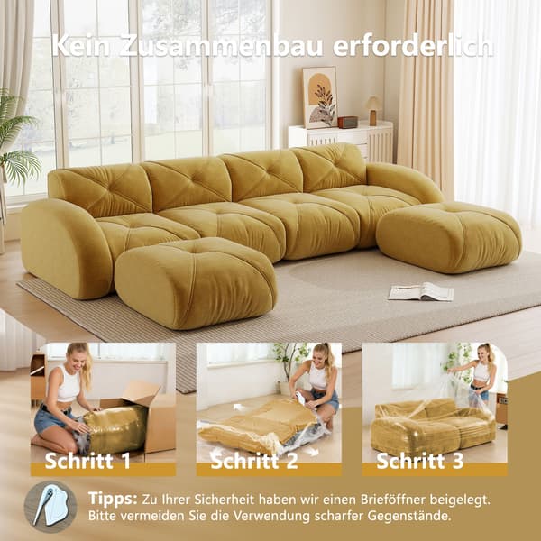HOMAIRE U-formad modulsoffa 4-sits med 2 pallar, gul chenille Gul 358 x 171 x 76 cm