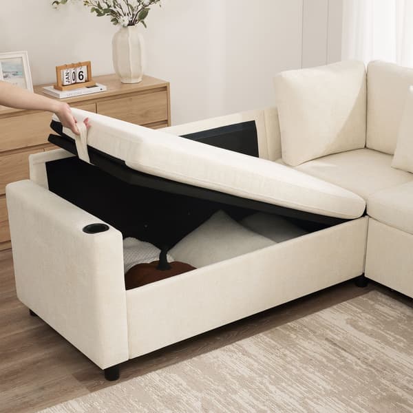 HOMAIRE L-format bäddsoffa med förvaring, USB & USB-C, beige chenille Beige 220 x 205 x 86.5 cm