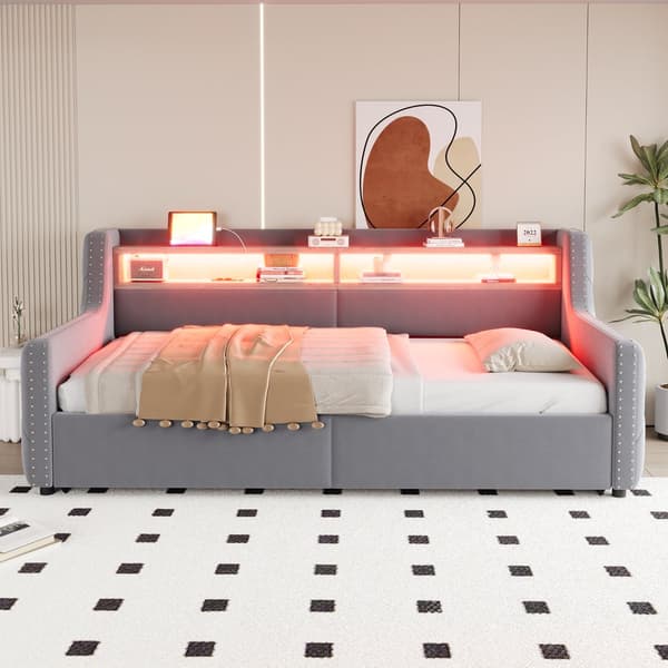 HOMAIRE Sammetssoffa med Sovfunktion, LED-belysning, Förvaring och USB-port, Ljusgrå Ljusgrå 216 x 104 x 81 cm