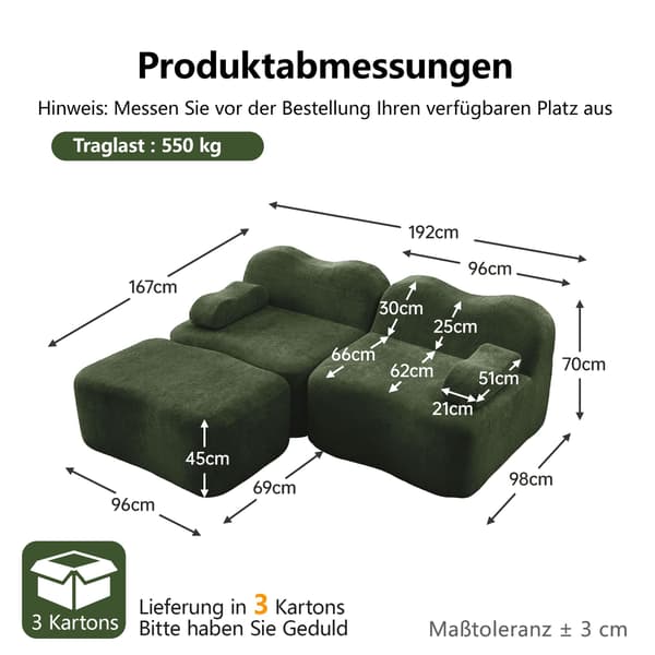 HOMAIRE 2-sits modulsoffa i L-form med ottoman, grön sammet Grön 192 x 167 x 70 cm