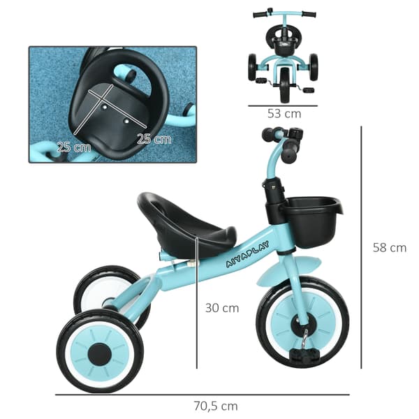 HOMAIRE barncykel trehjuling 2-5 år, justerbar sits, ringklocka, cykelkorg, metallram, blå Blå
