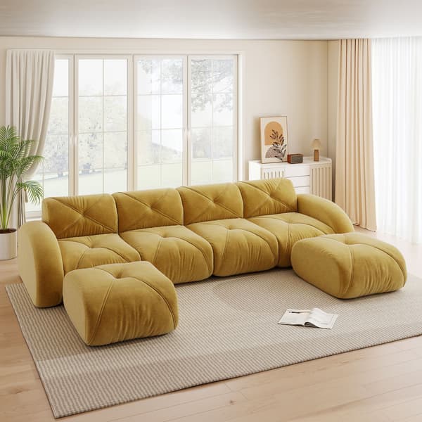HOMAIRE U-formad modulsoffa 4-sits med 2 pallar, gul chenille Gul 358 x 171 x 76 cm
