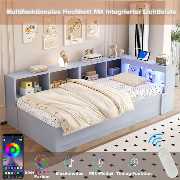 HOMAIRE Multifunktionell Sovsoffa 90x200 cm med LED-ljus och Hydraulisk Sängmekanism, Grå Grå 220 x 110 x 70 cm