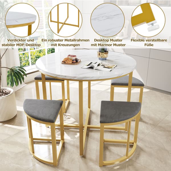 HOMAIRE Essgrupp med 4 stolar, rund MDF-bord med guldfärgad metallram, sammetstolar, grå/vit Vit+Grå 80 x 80 x 75 cm