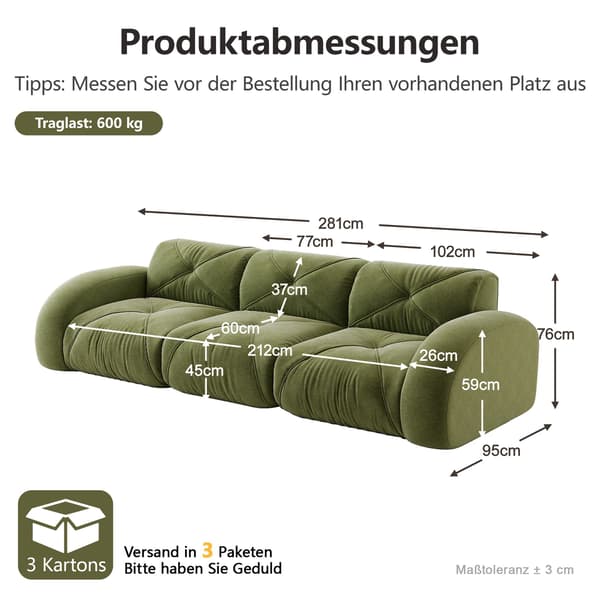 HOMAIRE ramfritt tresitsigt modulsoffa i chenill, grön, extra stor Grön 281 x 95 x 76 cm