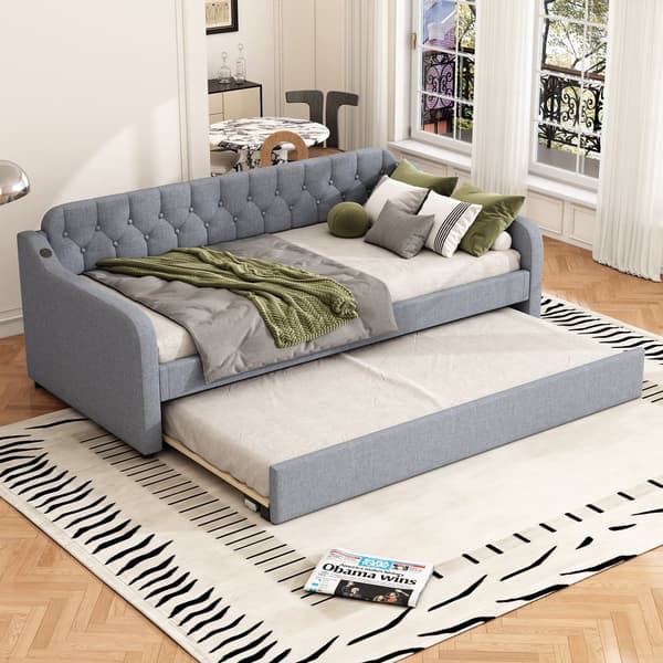 HOMAIRE bäddsoffa med USB-port i linne, modern stil, grå Grå 215 x 191 x 79 cm