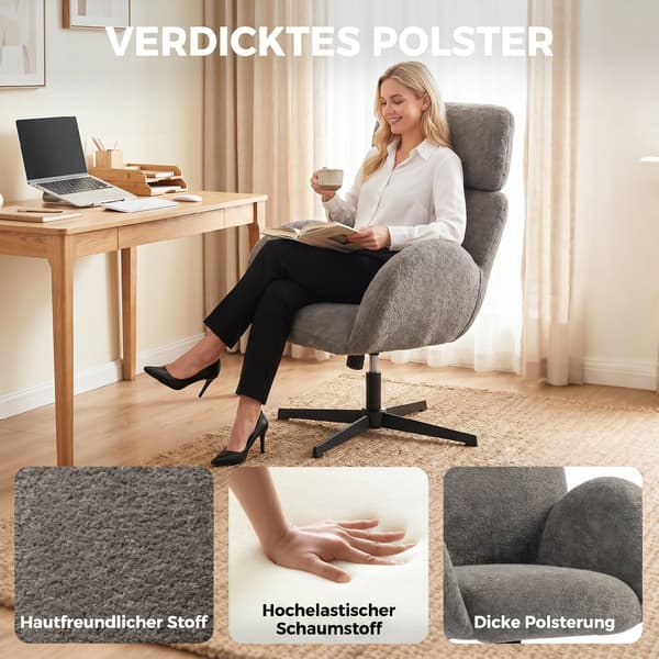 HOMAIRE Kontorsstol med sammetstyg, höj- och sänkbar, grå Grå 68 x 67 x 113 cm