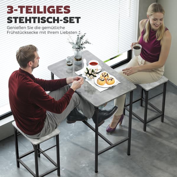 HOMAIRE Bartisch Set med 2 barstolar, grå bordsskiva och svart stålram, 80x50x87 cm Grå