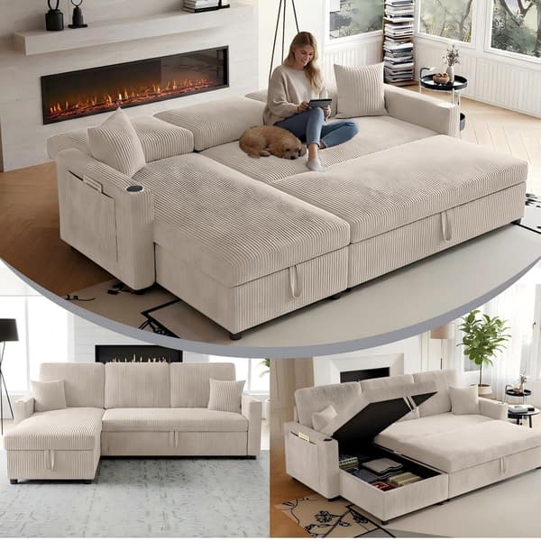 HOMAIRE L-formad bäddsoffa med förvaring beige Manchester Beige