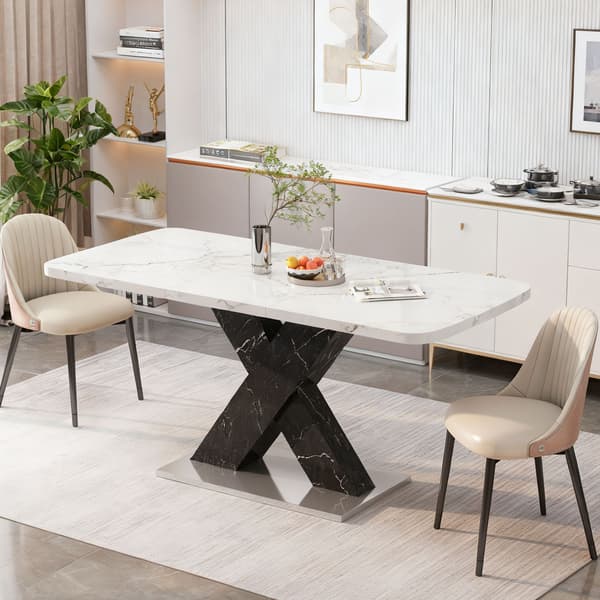 HOMAIRE Modern rektangulär matbord, utdragbart, vit marmor, svart MDF X-ben, metallbas Vit+Svart 160 x 80 x 76.5 cm