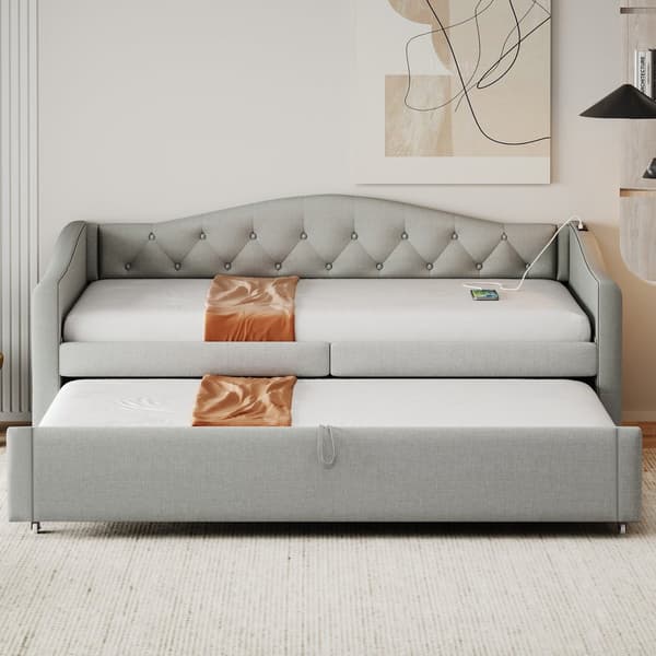 HOMAIRE Multifunktionell bäddsoffa med USB-port i linne, klassisk stil Grå 213 x 95 x 80 cm