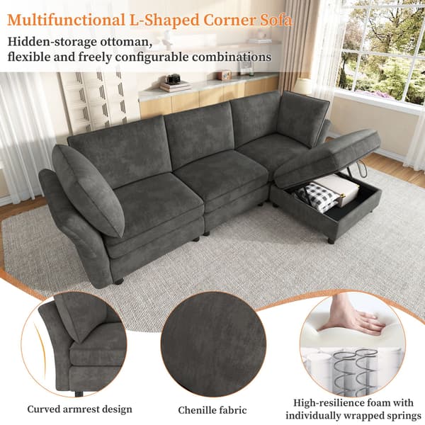 HOMAIRE modulsoffa L-form med förvaringspall, Chenille, 4-sits, grå Grå 225 x 137 x 84 cm