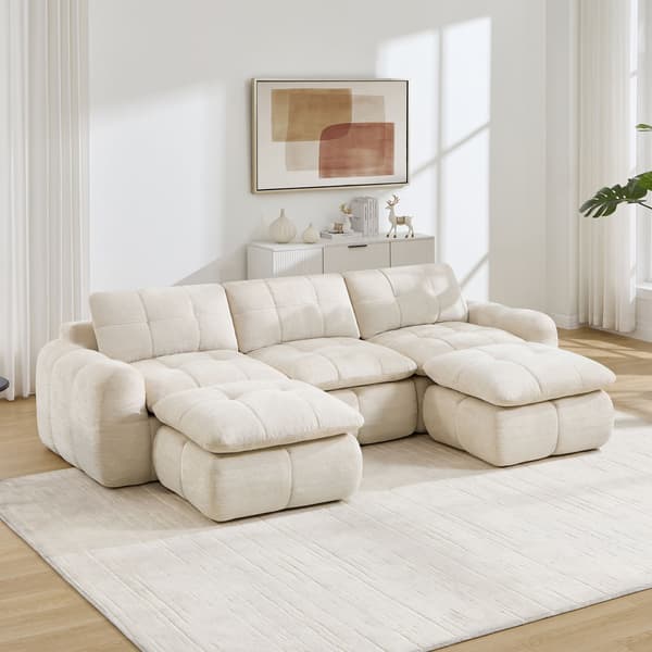 HOMAIRE 3-sits U-format modulsoffa i chenille, beige, utan ram med 2 puffar Beige 264 x 160 x 68 cm