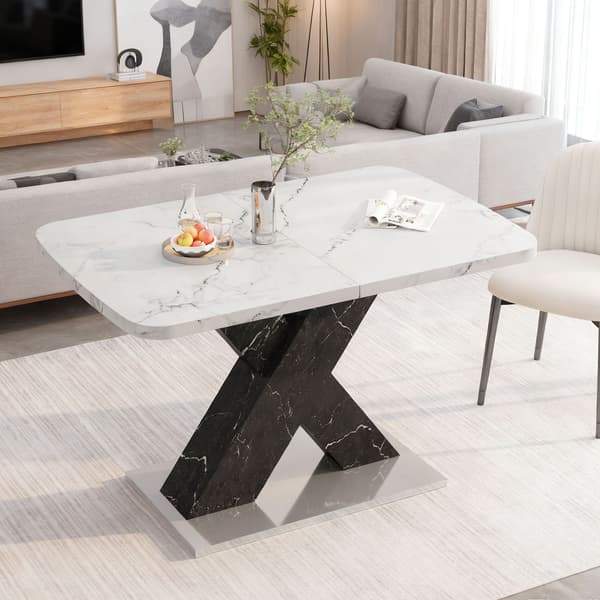 HOMAIRE Modern rektangulär matbord, utdragbart, vit marmor, svart MDF X-ben, metallbas Vit+Svart 160 x 80 x 76.5 cm