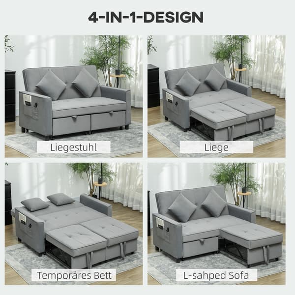 HOMAIRE 4-i-1 soffa med justerbar rygg, bäddsoffa med kuddar, grå polyester och eukalyptusträ Grå 140.5 x 90.5 x 89 cm