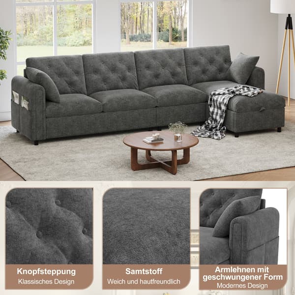 HOMAIRE Modern Sammetsoffa med Förvaring i Hörnet, L-formad, Grå (281×86×71 cm) Grå 281 x 132 x 86 cm