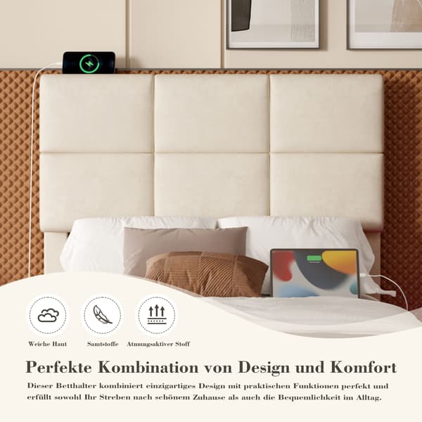 HOMAIRE 90x200 cm Sammetssäng med justerbart huvudgavel, USB/Type-C, LED-belysning och hydraulisk lyft Beige