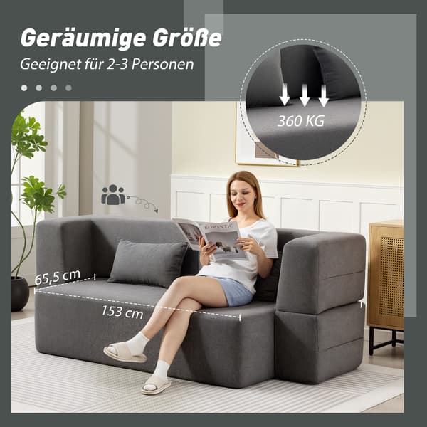 HOMAIRE 2-sits bäddsoffa i skum med breda armstöd, 2 kuddar, grå, max 360 kg Grå 203 x 95 x 75 cm
