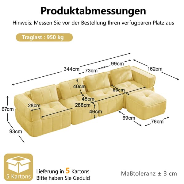 HOMAIRE 4-sits L-format modulsoffa med schäslong, gul, högdensitetsskum Gul 344 x 162 x 67 cm