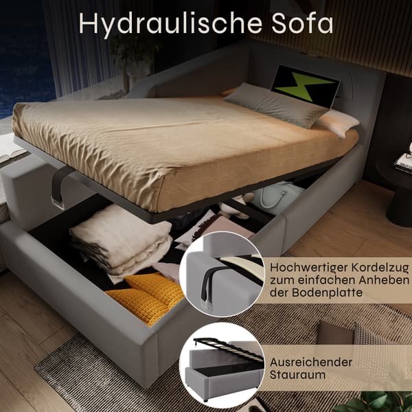 HOMAIRE Sammet Dagbädd med Förvaring, Läsbelysning och USB-C-laddning, Grå Grå 203 x 98 x 70.5 cm