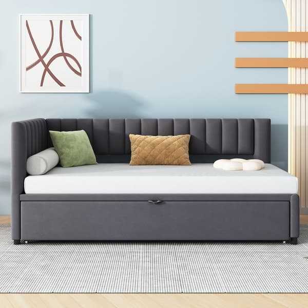 HOMAIRE L-formad multifunktionell bäddsoffa med utdragbar säng, sammet, grå Grå 208 x 97.5 x 75 cm