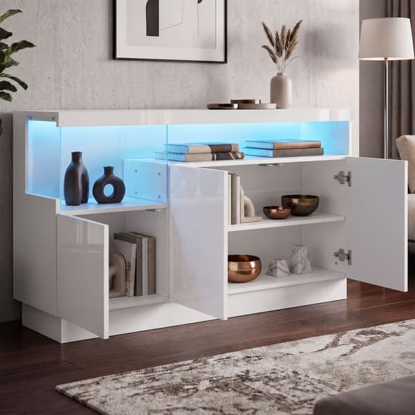 HOMAIRE Sideboard med LED-belysning och appstyrning, vit högblank Vit 140 x 36 x 80 cm