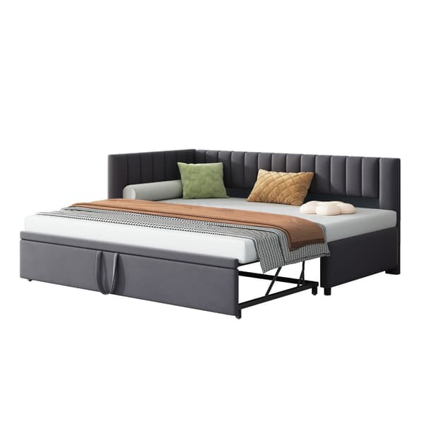 HOMAIRE L-formad multifunktionell bäddsoffa med utdragbar säng, sammet, grå Grå 208 x 97.5 x 75 cm